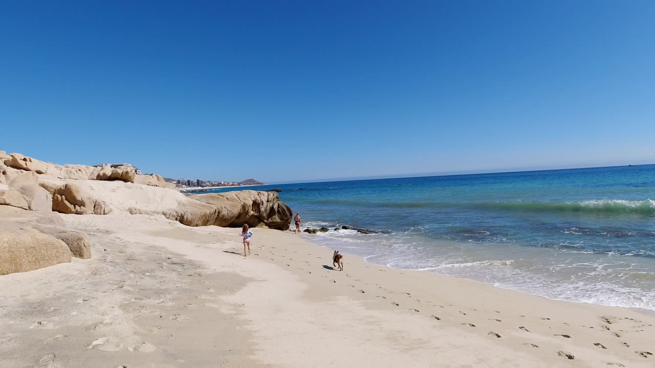 Wide sandy beach with rocks, ocean, a person, and a dog.