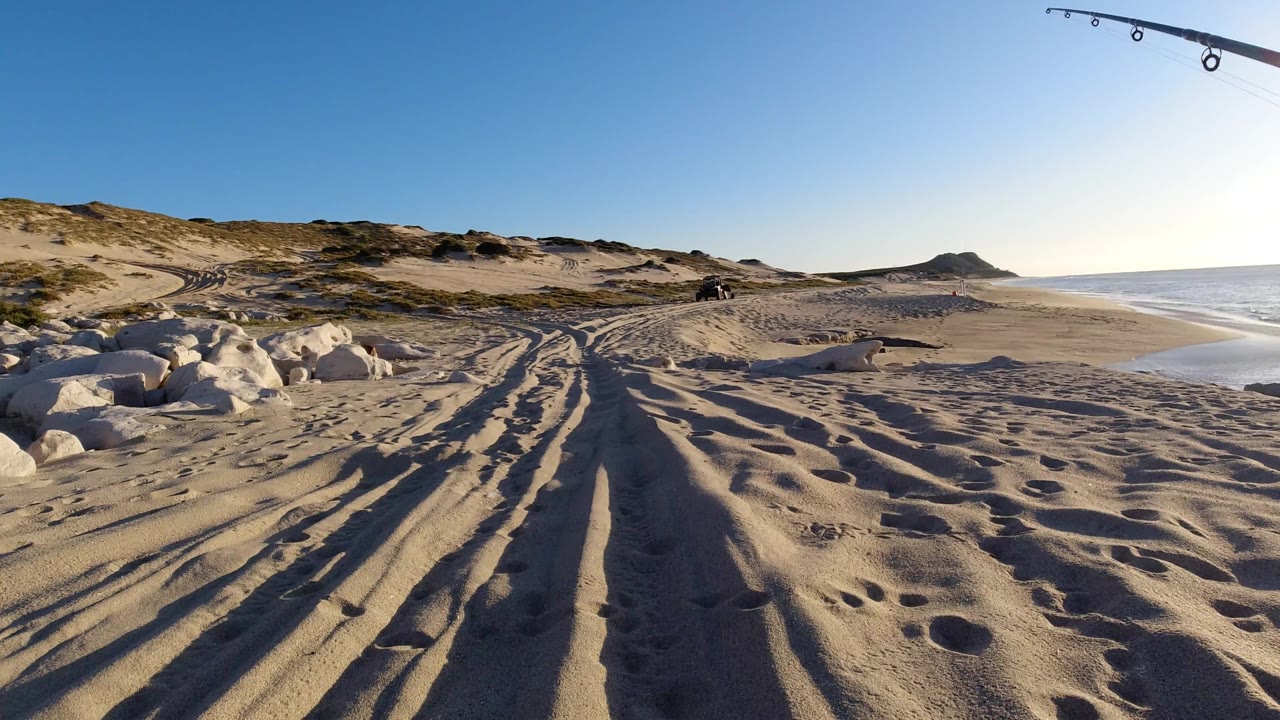 Fishing rod tip above sandy beach, rocks, dunes, and ocean.