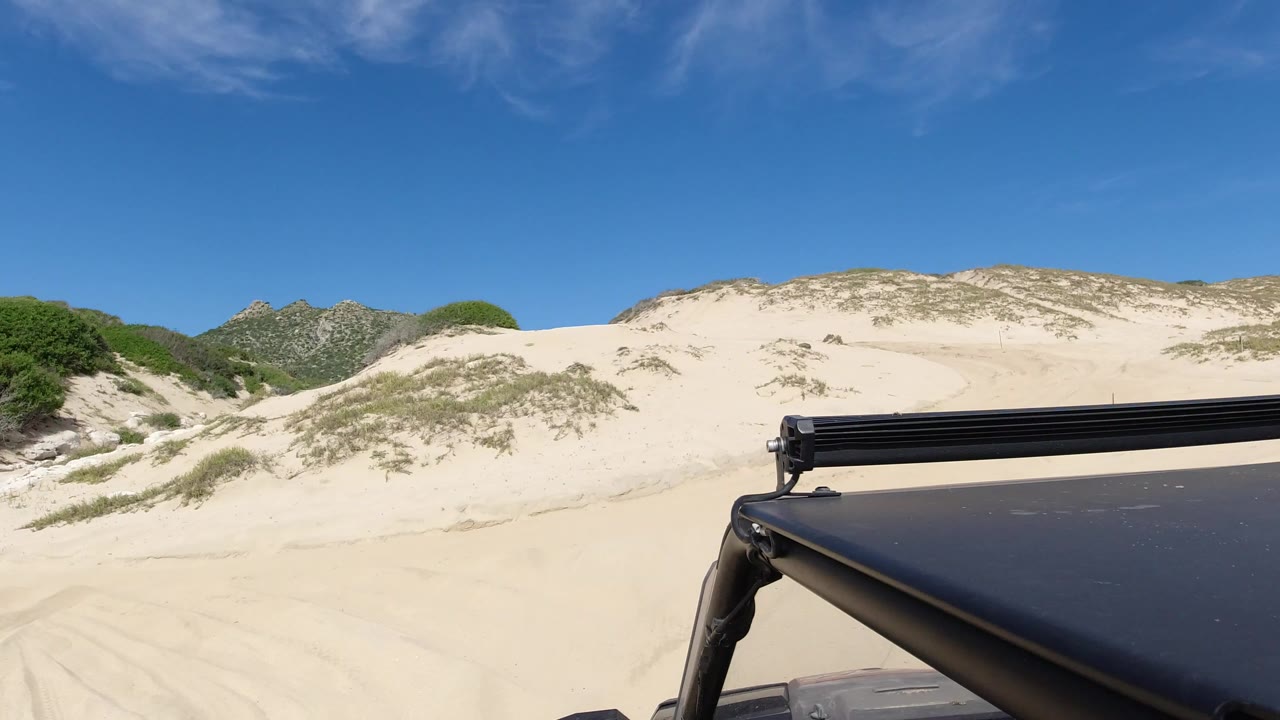 Sand dunes and shrubs seen over a black vehicle roof under blue sky.
