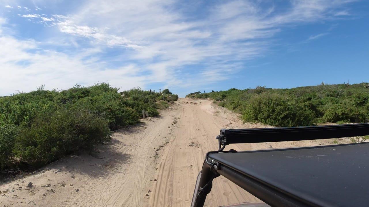 Sandy dirt road through green scrub with vehicle roof in foreground.