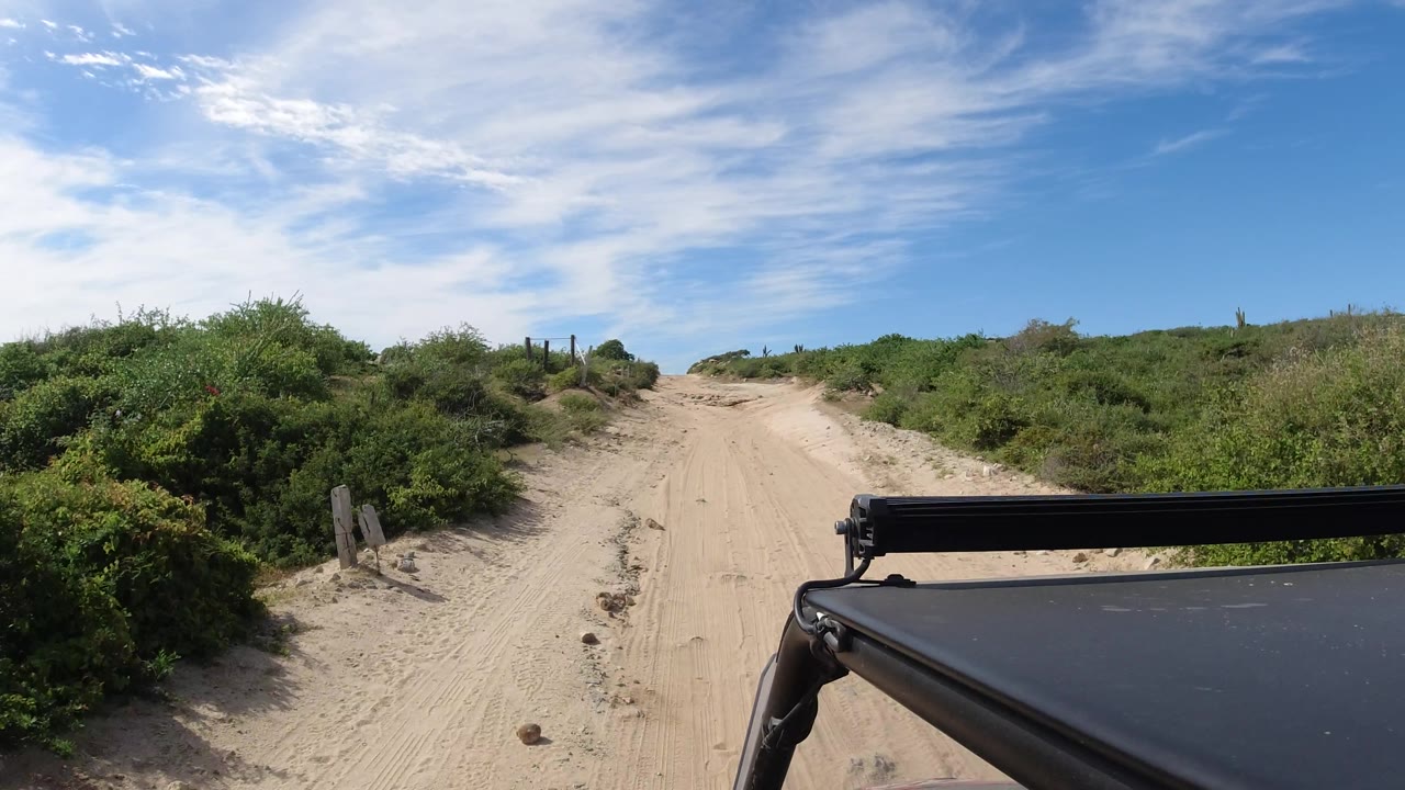 Forking sandy road with bushes, posts, and vehicle roof visible.