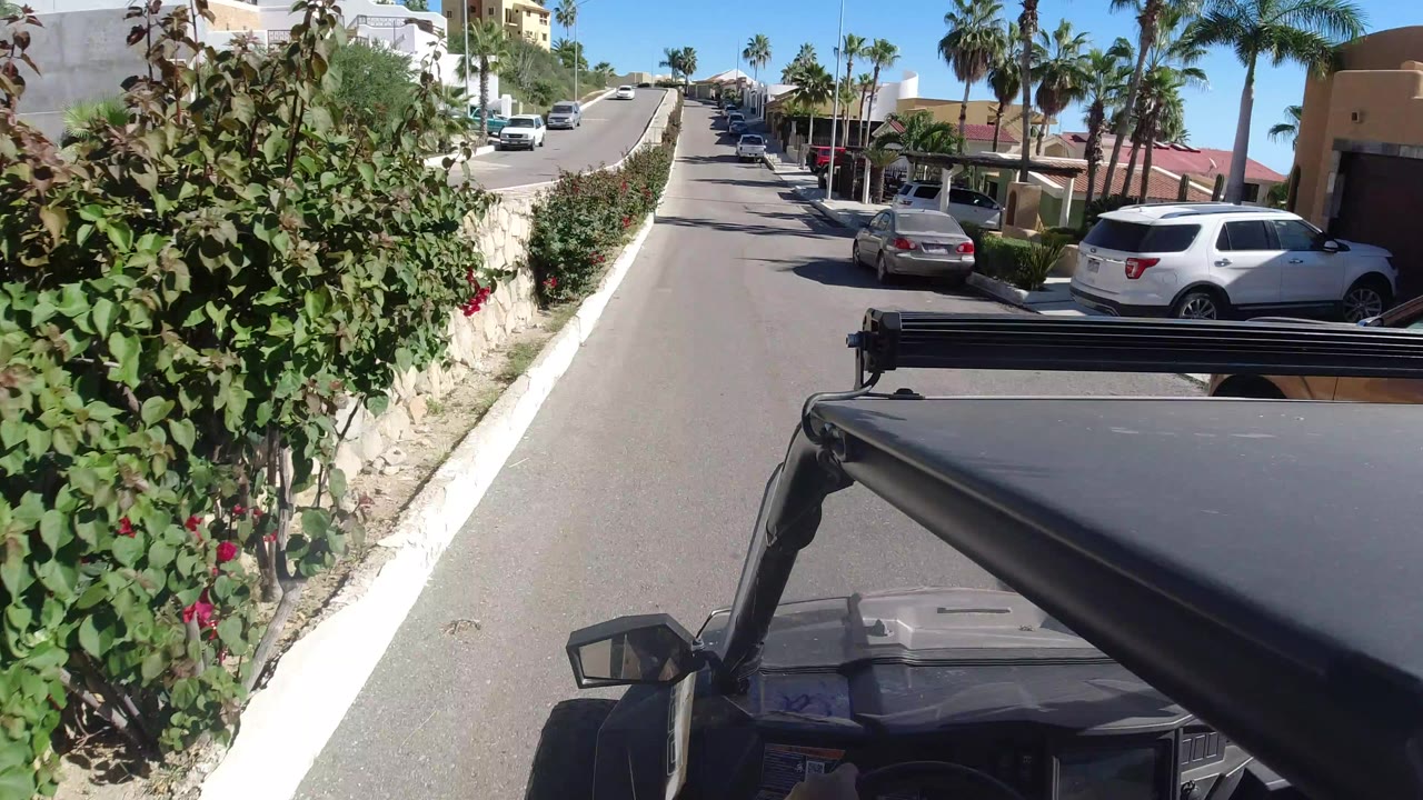 Wrangler hood facing a narrow sunny road with shrubs and parked cars