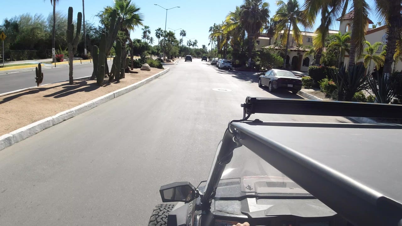 Forward-facing Los Cabos street view from an open vehicle, with a black roll bar across the lower frame, palms on both sides, parked cars at right, and bright midday shadows.