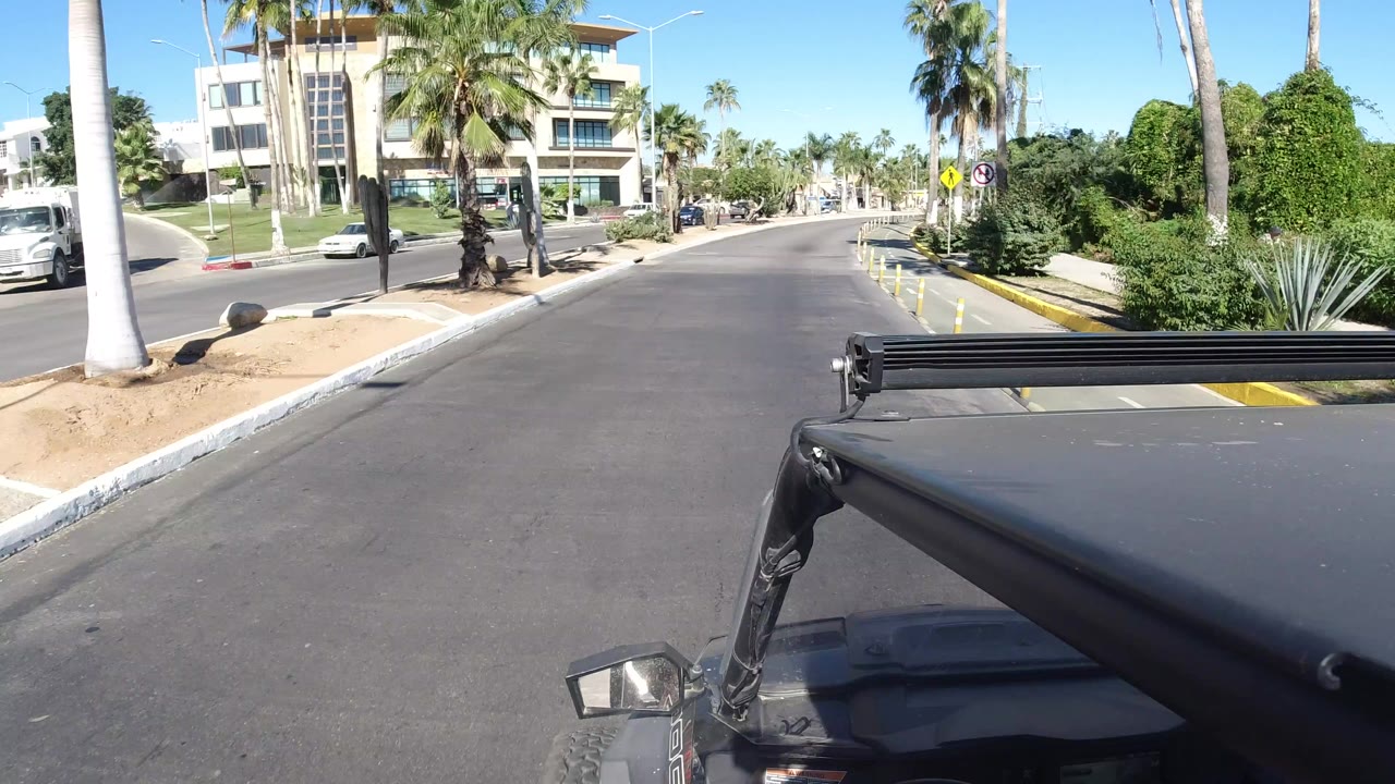 Jeep foreground on a sunlit empty street lined with palms and buildings.