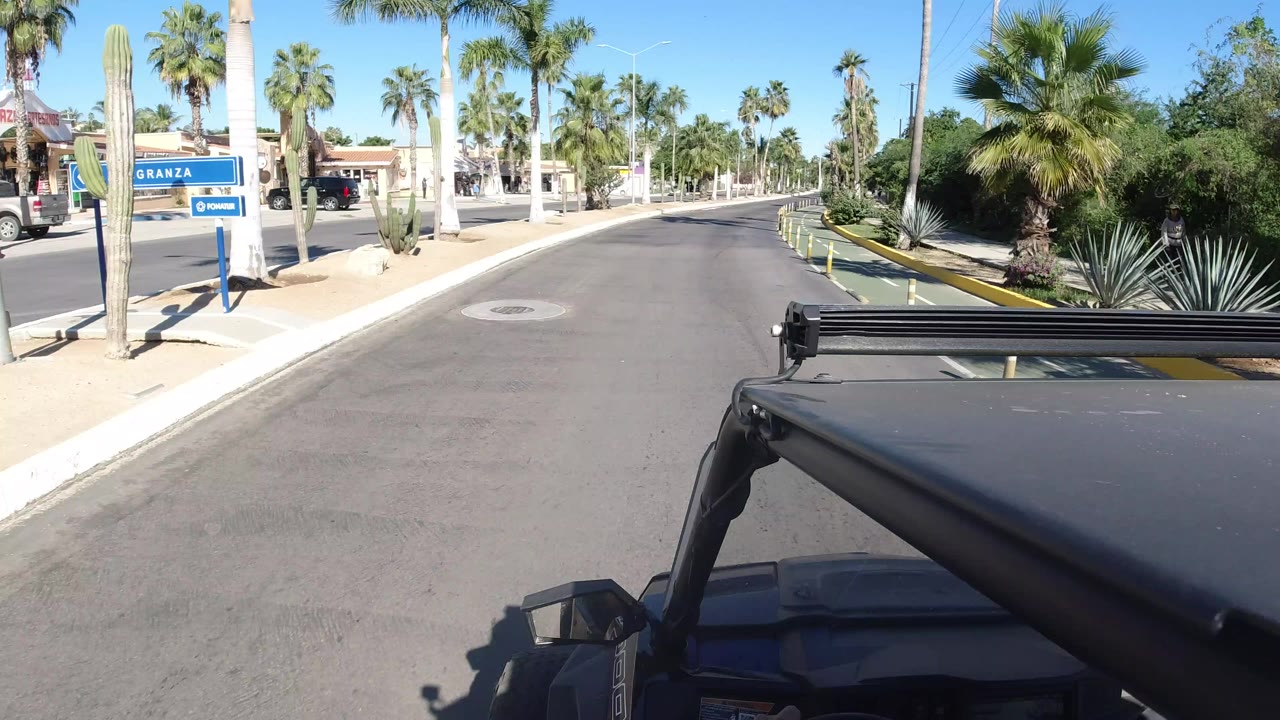 Jeep foreground on a palm-lined road with a blue roadside sign.