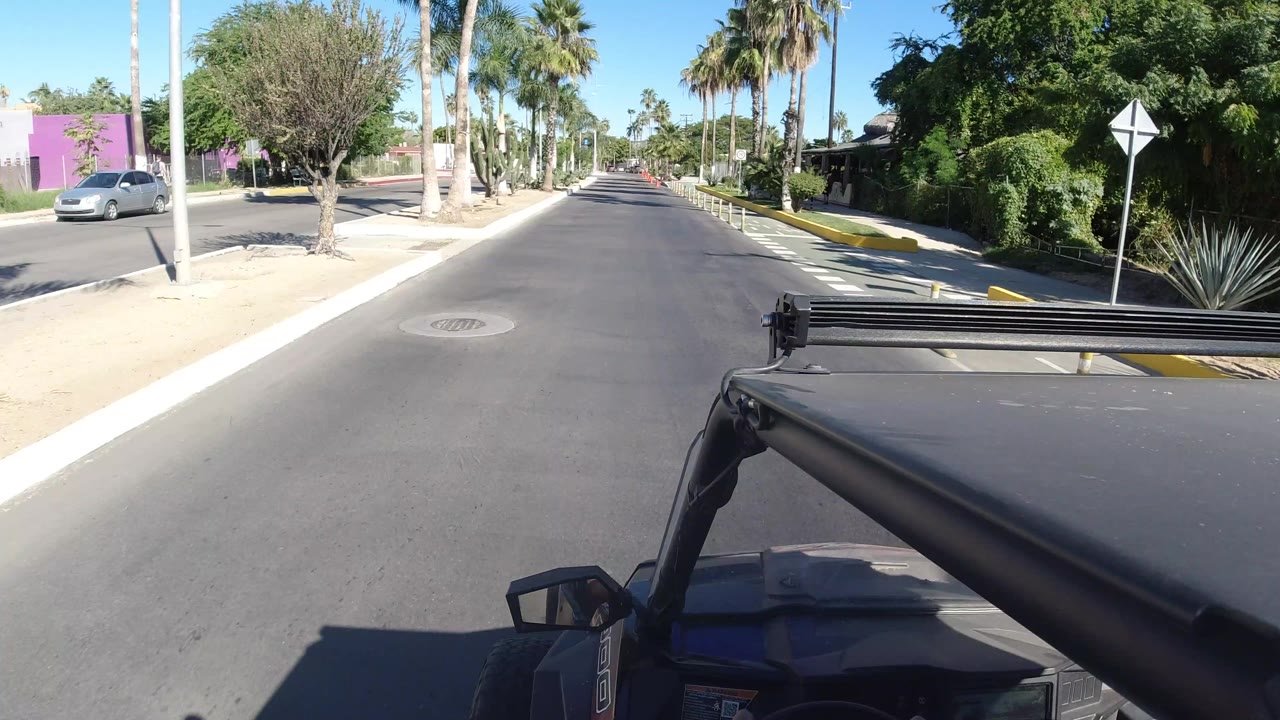 Vehicle-mounted Los Cabos road view with the Wrangler roof in the foreground, palms and greenery along both sides, a traffic sign, and no visible people.
