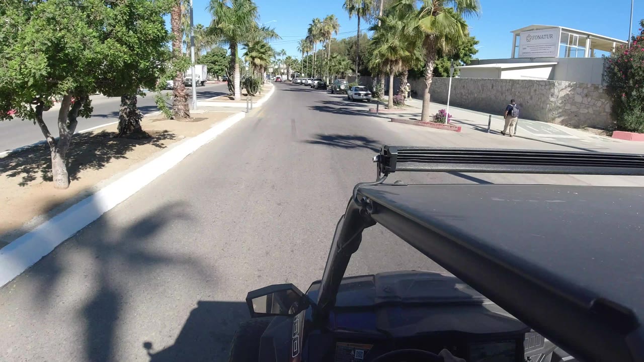 A forward view from the Jeep shows the divided road, palm trunks, parked vehicles, sidewalk landscaping, and a distant small pedestrian figure.