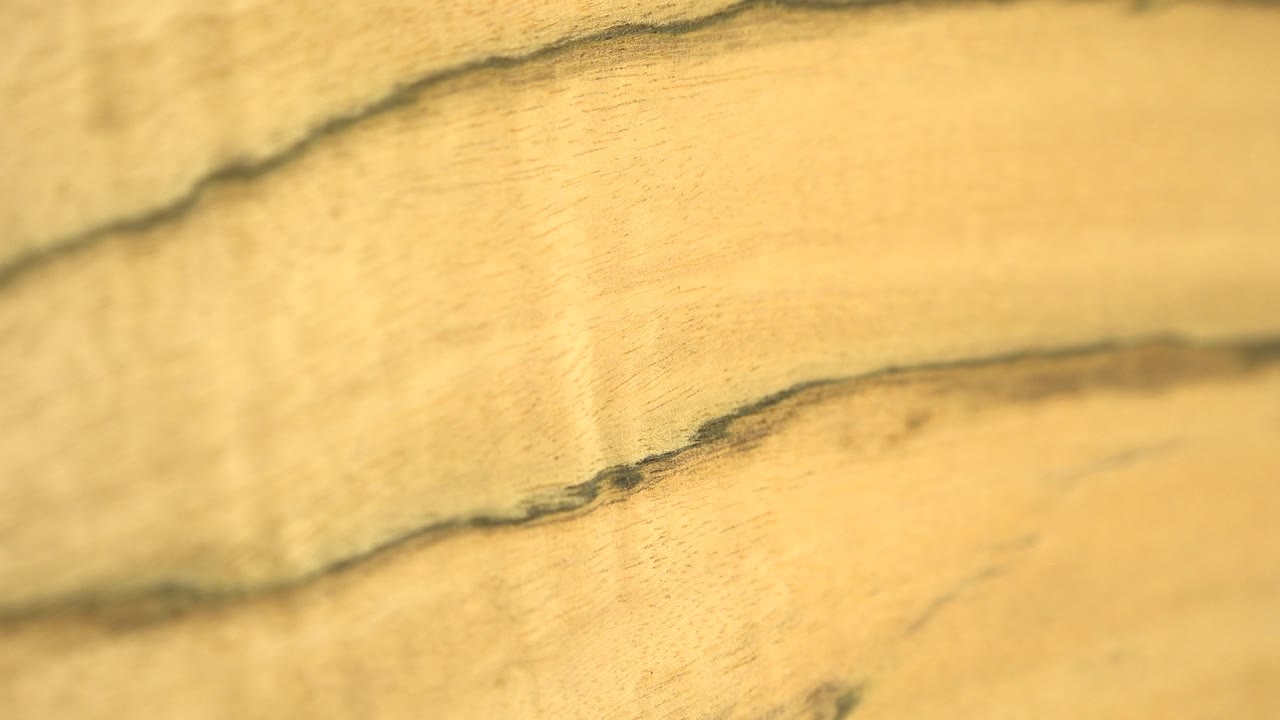 A tight view of the thin wood shows layered dark grain bands and warm yellow highlights across the surface, with no visible people.