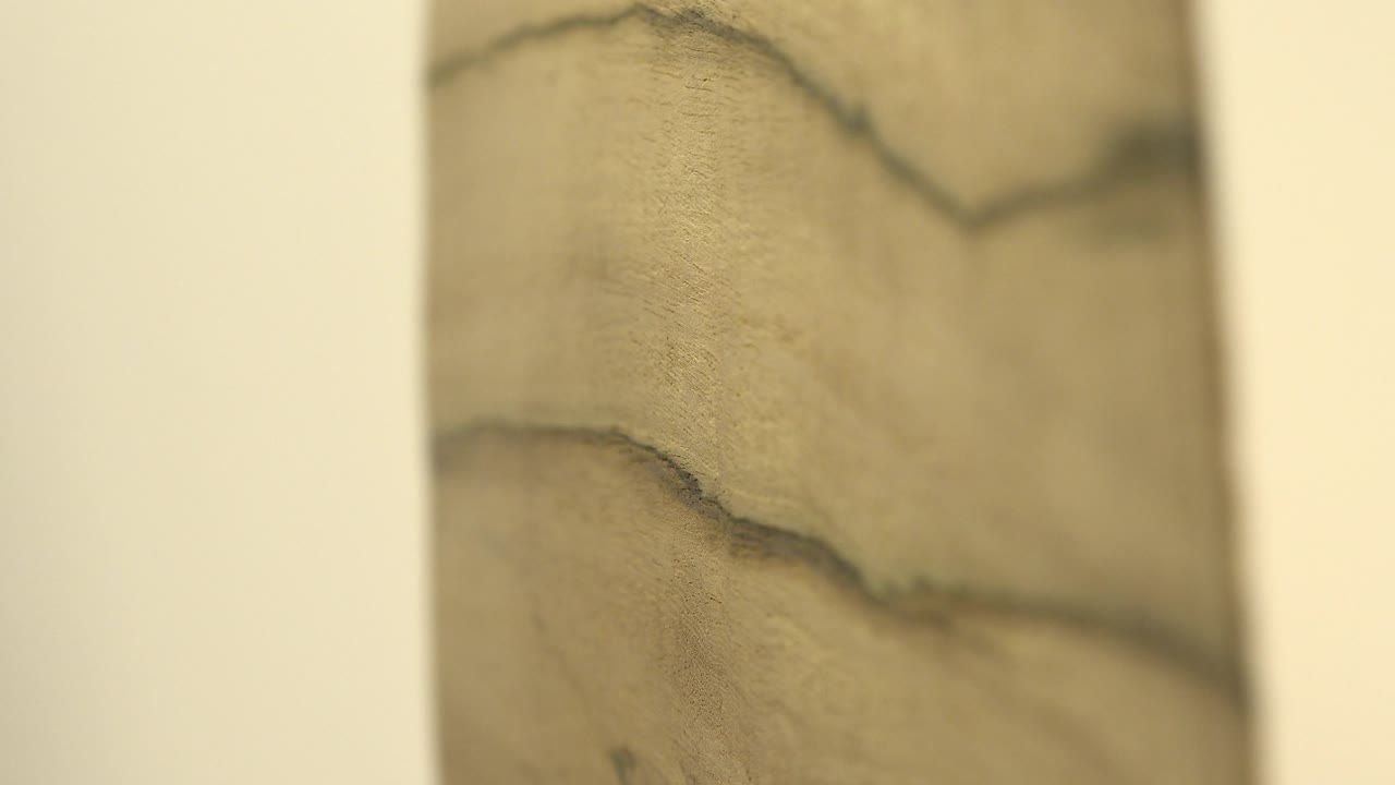 Soft angled view of a thin wood piece against a cream background.