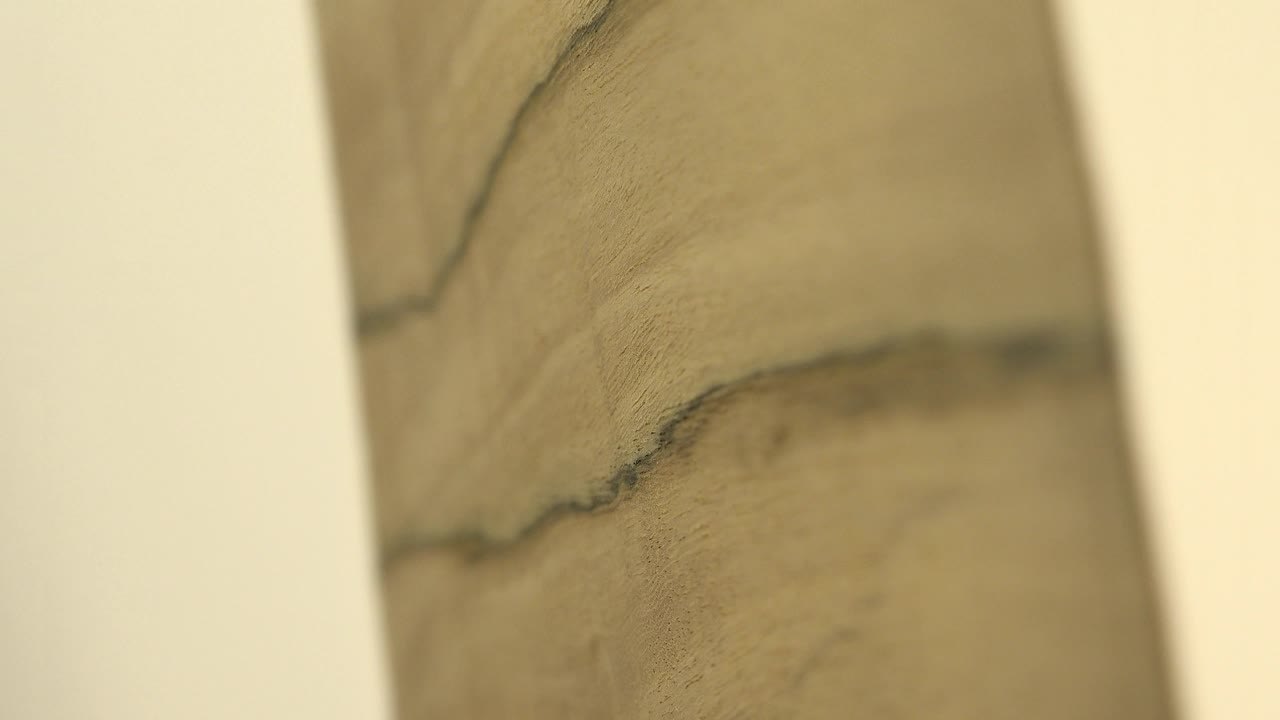 Blurred close view of the wood piece with dark grain lines running diagonally between pale vertical strips, with no visible people.