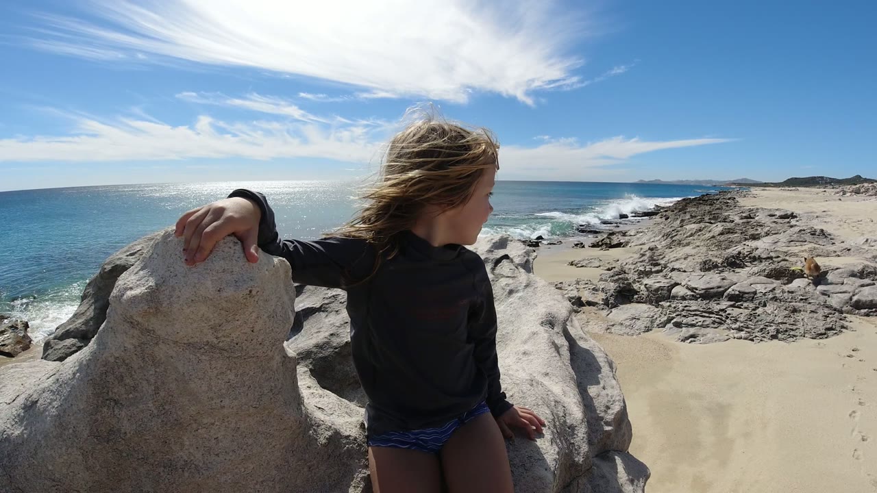 A child holds the foreground rock while facing the ocean on a San Jose del Cabo beach, with a small dog visible near the rocky sand in the background.