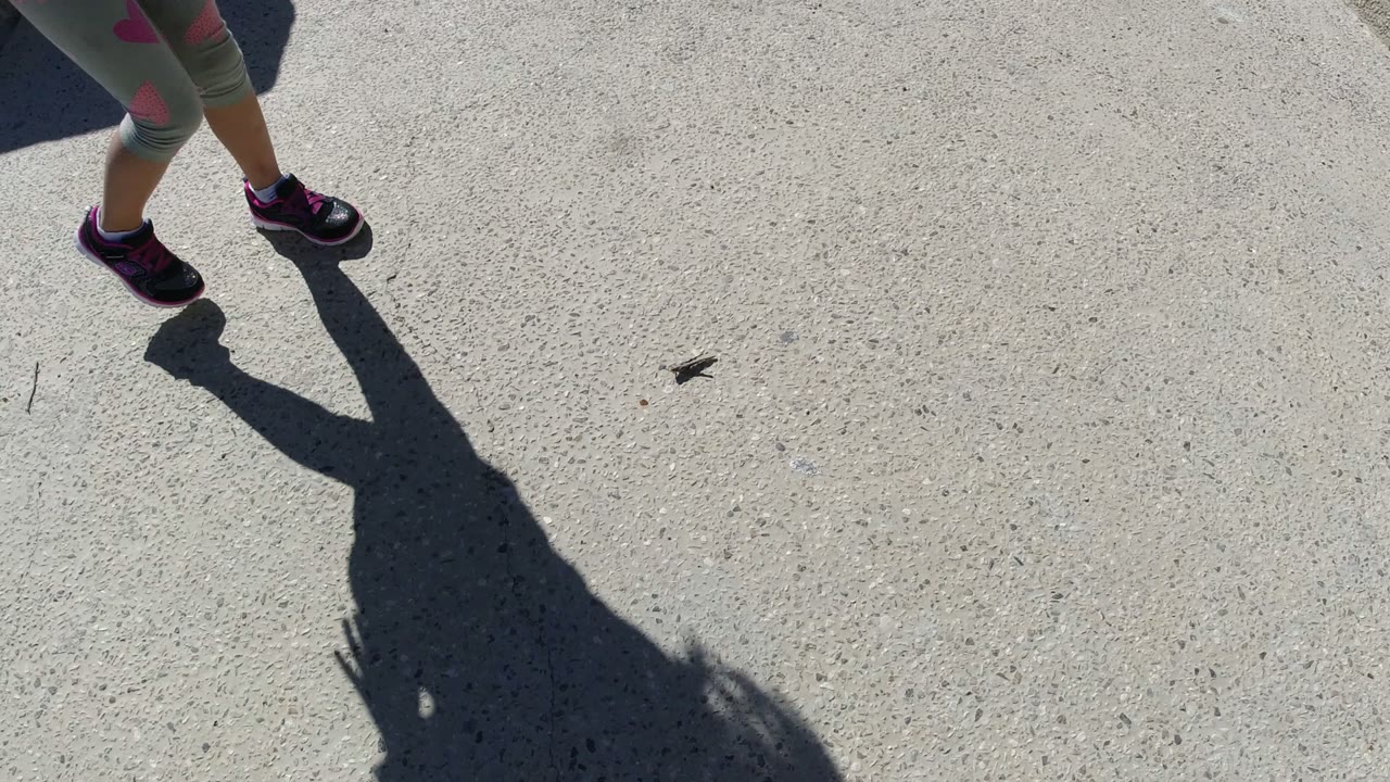 Child's legs and long shadow on gray concrete.