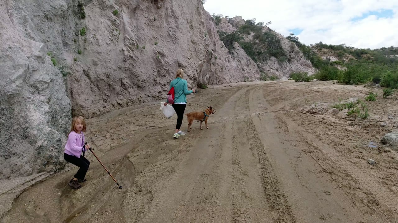 The child turns toward the camera at the edge of the frame while the woman in teal and the dog continue along the rocky dirt road in San Jose del Cabo, Mexico.