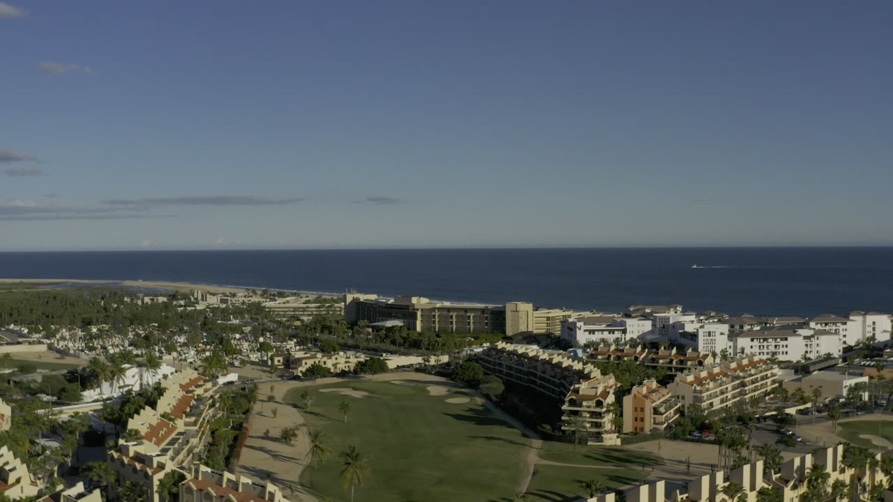 Aerial view of ocean, beach, buildings, roads, palms, and green open space.