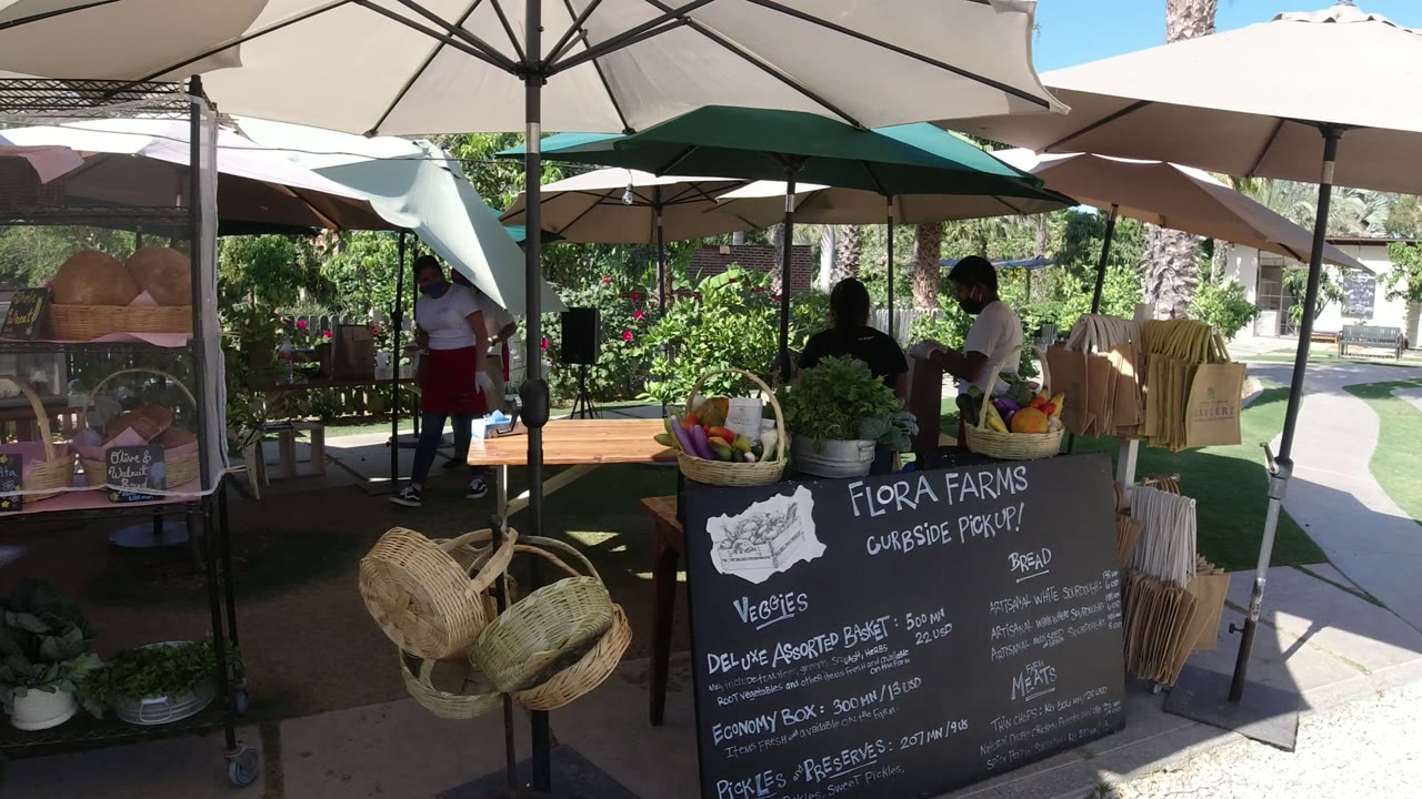 San Jose del Cabo market stall showing the Flora Farms curbside pickup chalkboard in front, hanging woven baskets, produce on a table, potted greens, and masked workers under umbrellas.