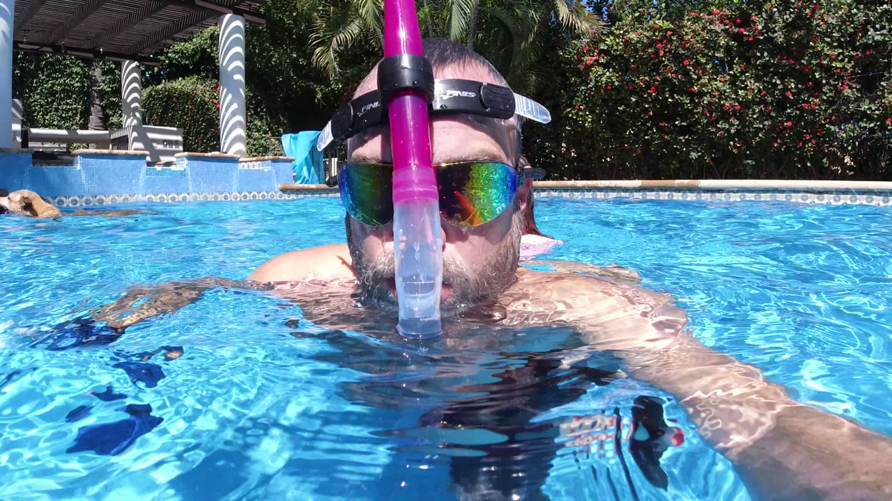 In San Jose del Cabo, Mexico, an adult man wearing mirrored swim goggles and a pink snorkel faces the camera at the pool surface, with lounge chairs, palms, and flowering shrubs behind him.