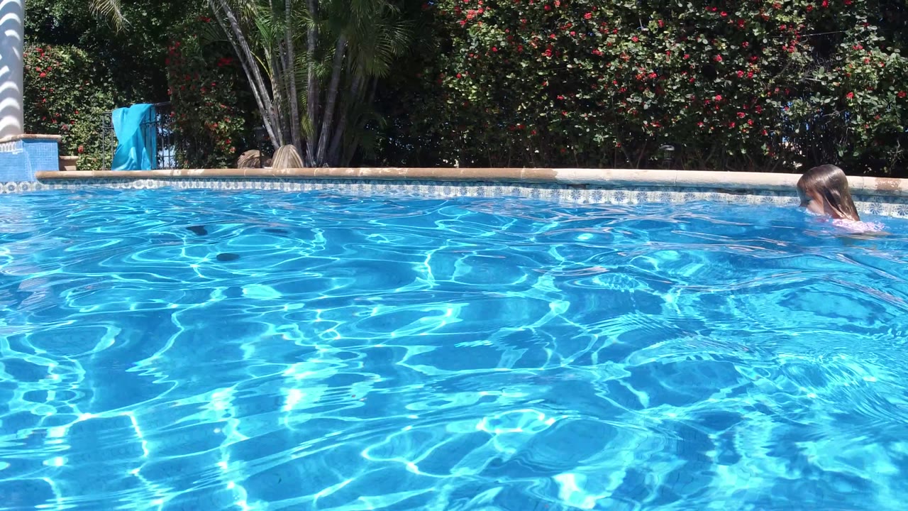 A young girl is partly visible near the far side of a bright blue swimming pool in San Jose del Cabo, with hedge foliage, palm trunks, and hard sunlight on the water.