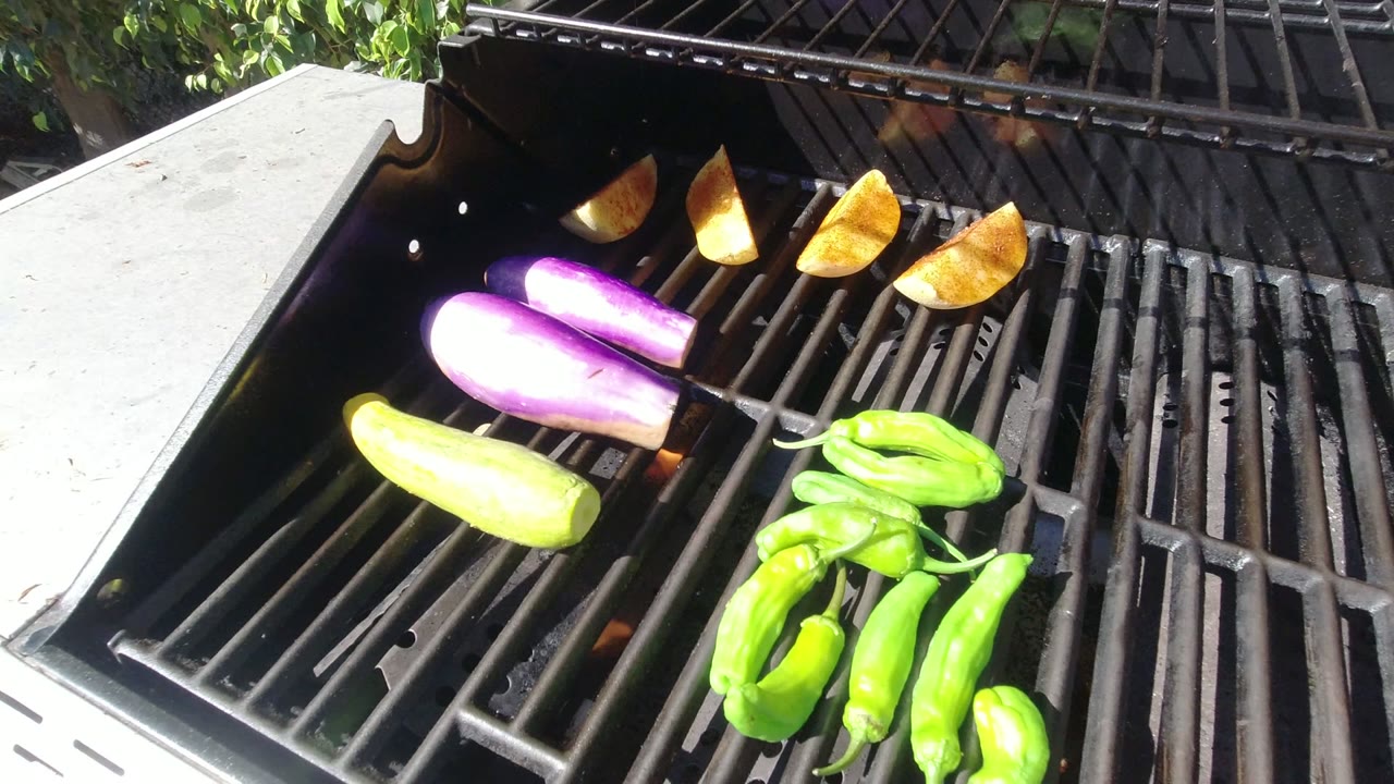 Close overhead view of peppers, eggplant halves, squash, and potato wedges on a barbecue grill in Los Cabos, Mexico, with no visible people.