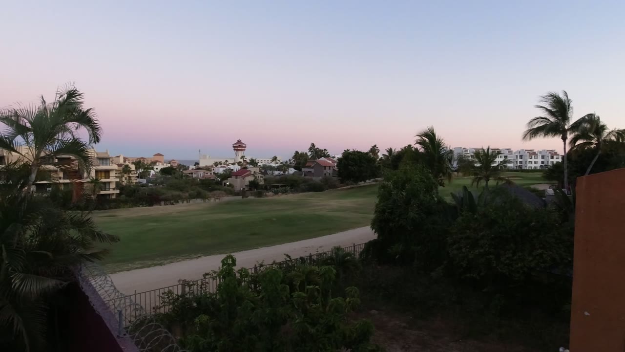 Elevated view over palms, green field, road, and distant buildings at dusk.