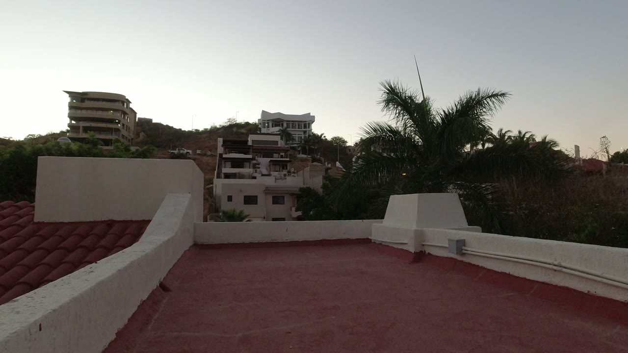 At one second, the Los Cabos rooftop view holds on the red roof surface, white parapet, palm canopy, hillside greenery, and no visible people.