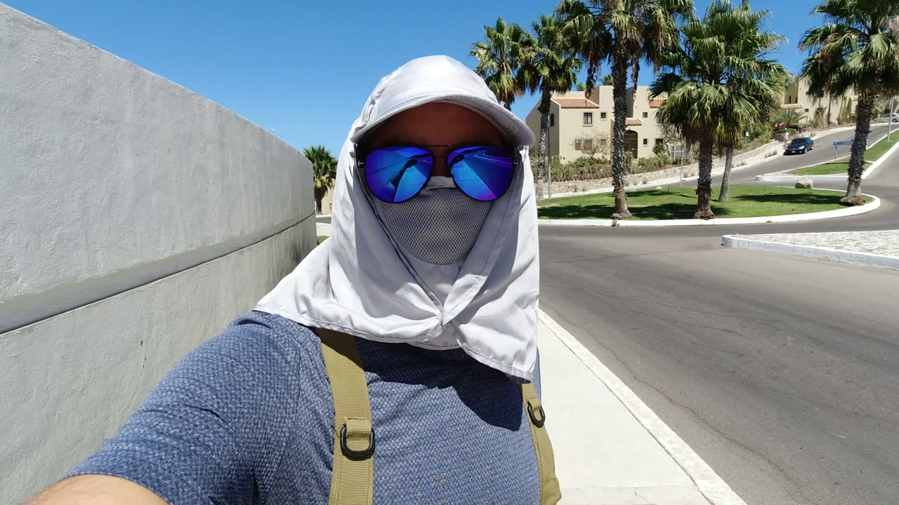 Masked person in sunglasses beside a wall and road with palm trees.