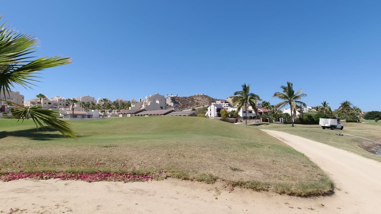 Los Cabos residential lawn seen with a curved pale path, palms near white homes, a low hill in the background, and no visible people.