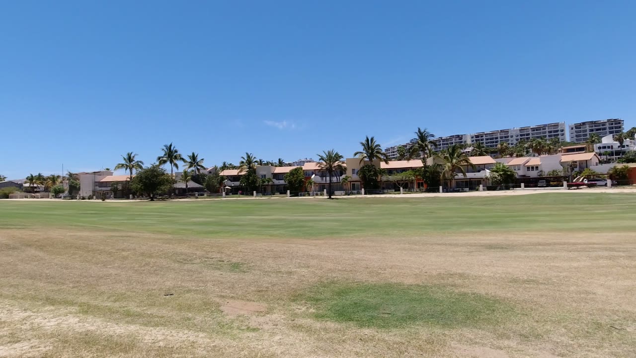 Wide sandy and grassy area with palms and houses under blue sky