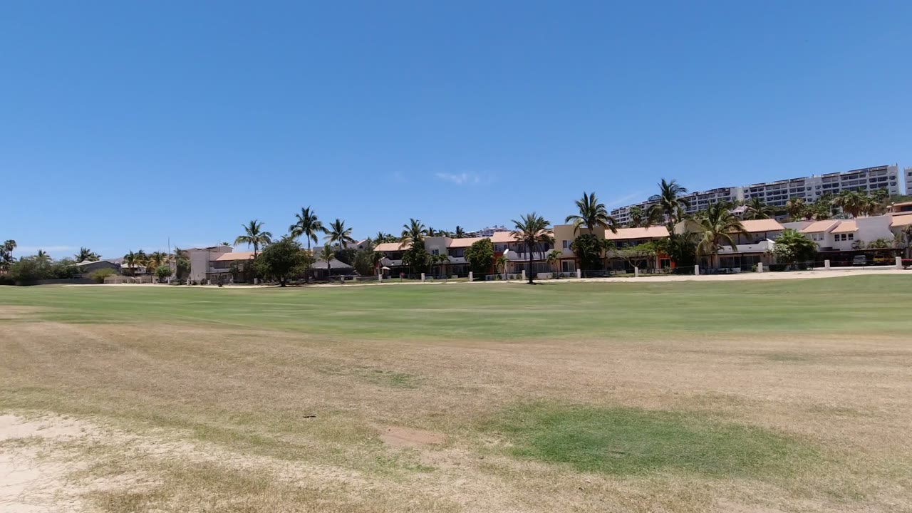 Wide Los Cabos frame with a broad band of dry grass and sand, green lawn beyond, palm trees, low homes, and no visible people.
