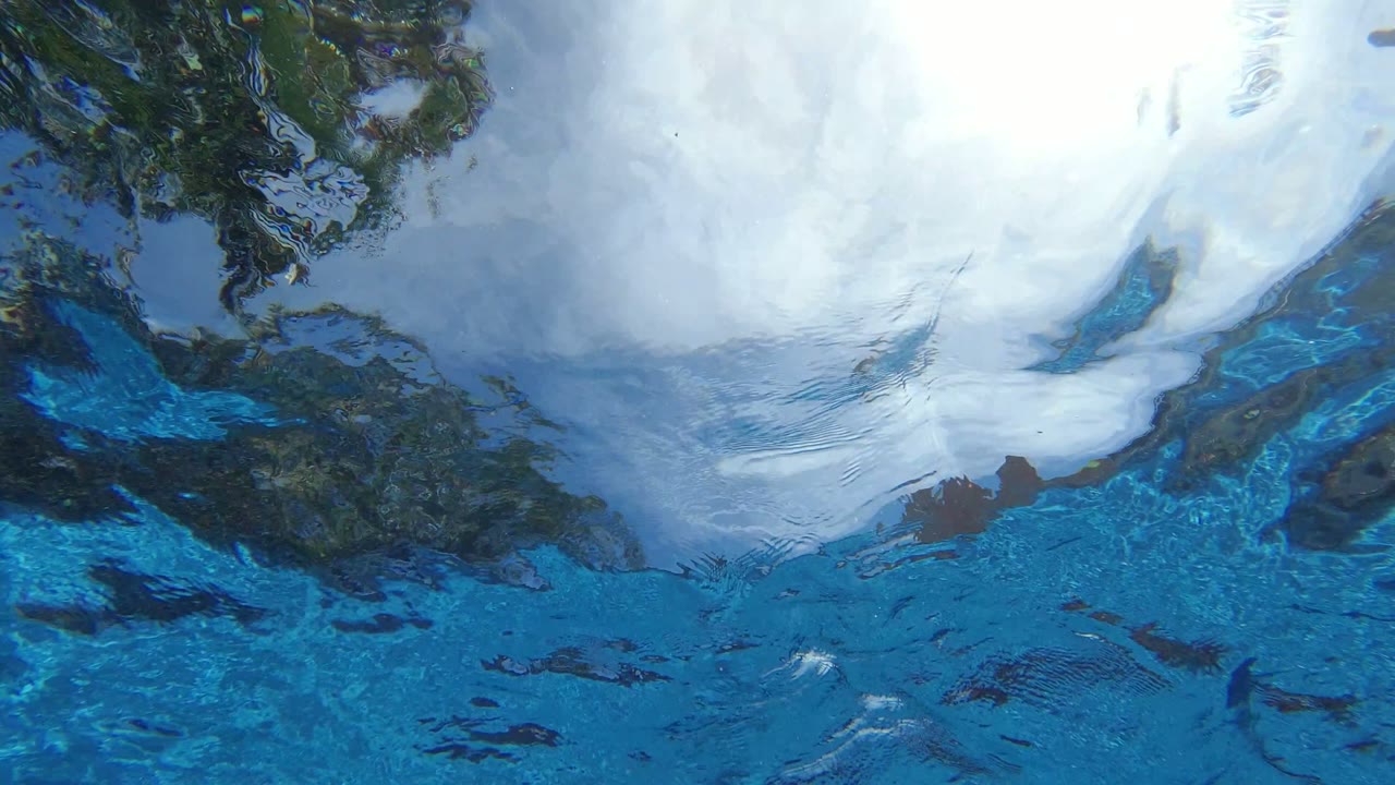 Blue ocean surface with white foam and dark coastal reflections.