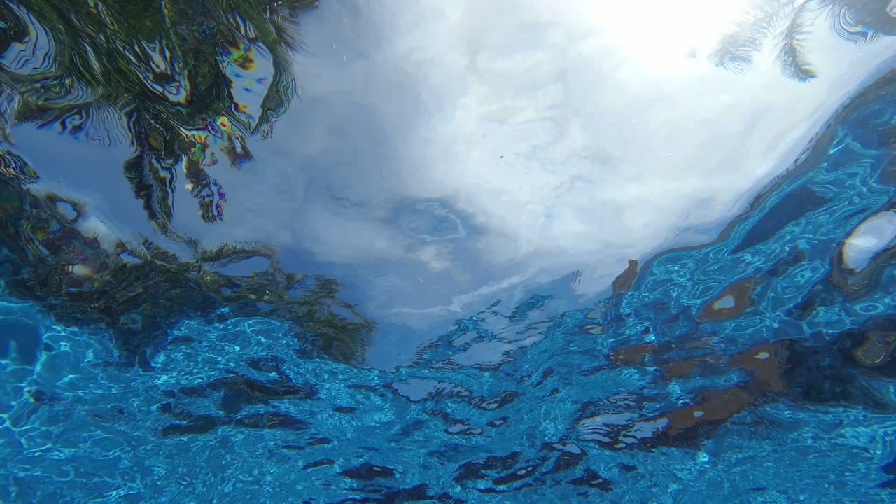 At 0:01, the Los Cabos water reflection shifts into brighter blue ripples with distorted palm shapes and no visible people.