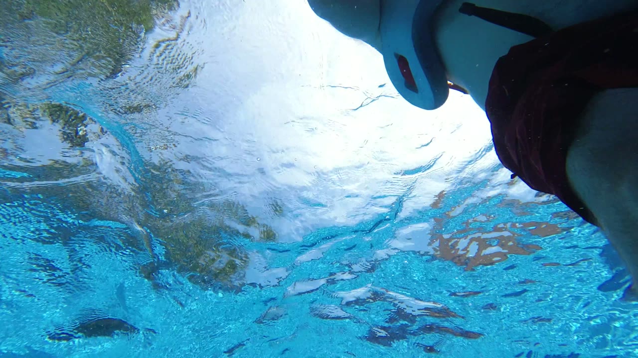 A partial human leg appears near the top of the frame beneath rippling blue water in Los Cabos, Mexico, with reflected sky and shoreline shapes across the surface.