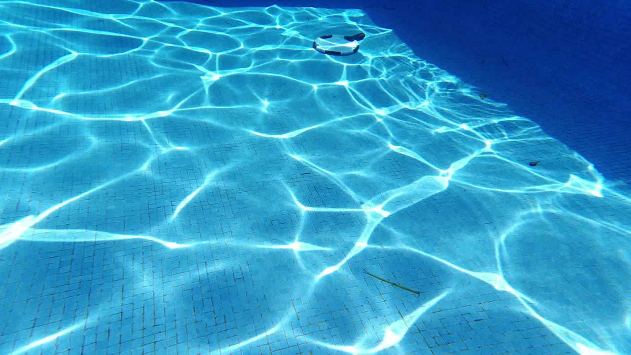 Overhead view of blue pool water and tiled bottom with a small floating ping pong paddle.
