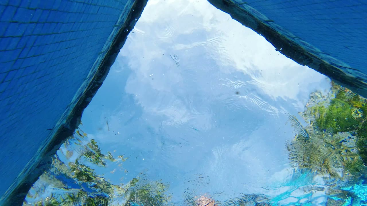 Underwater view of blue pool surface, sky reflection, and diagonal pool edge.