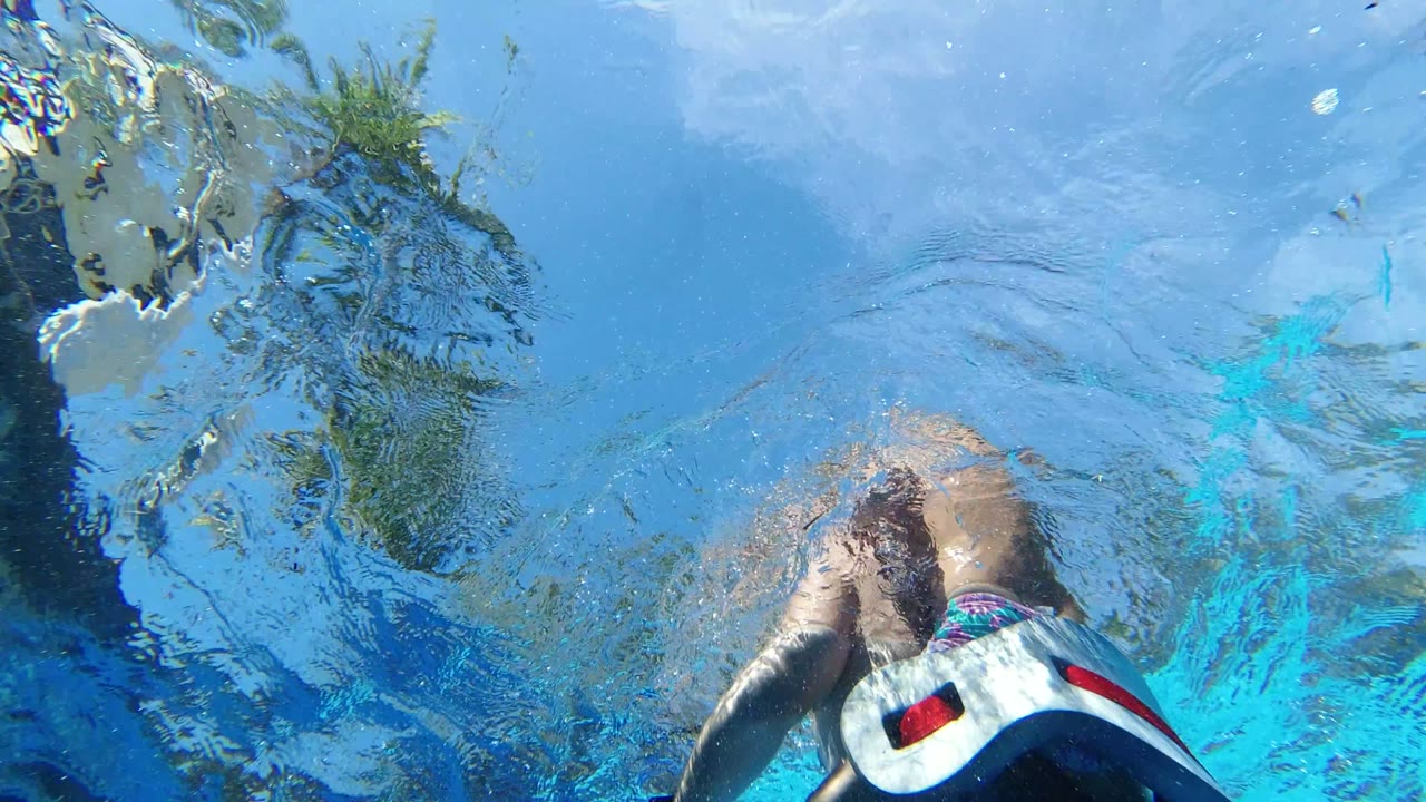 Underwater pool view with an adult and child near the surface.