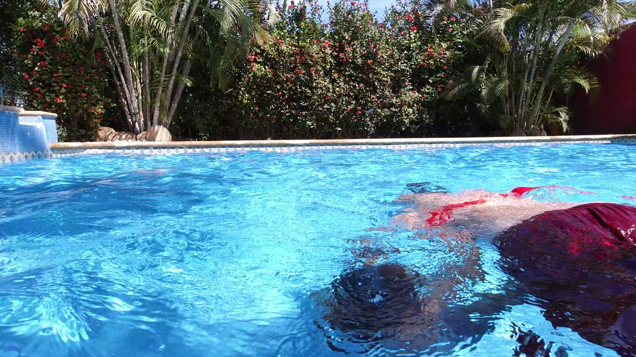 A person swims partly underwater in a bright blue pool in Los Cabos, Mexico, with palms and flowering shrubs beyond the pool edge.