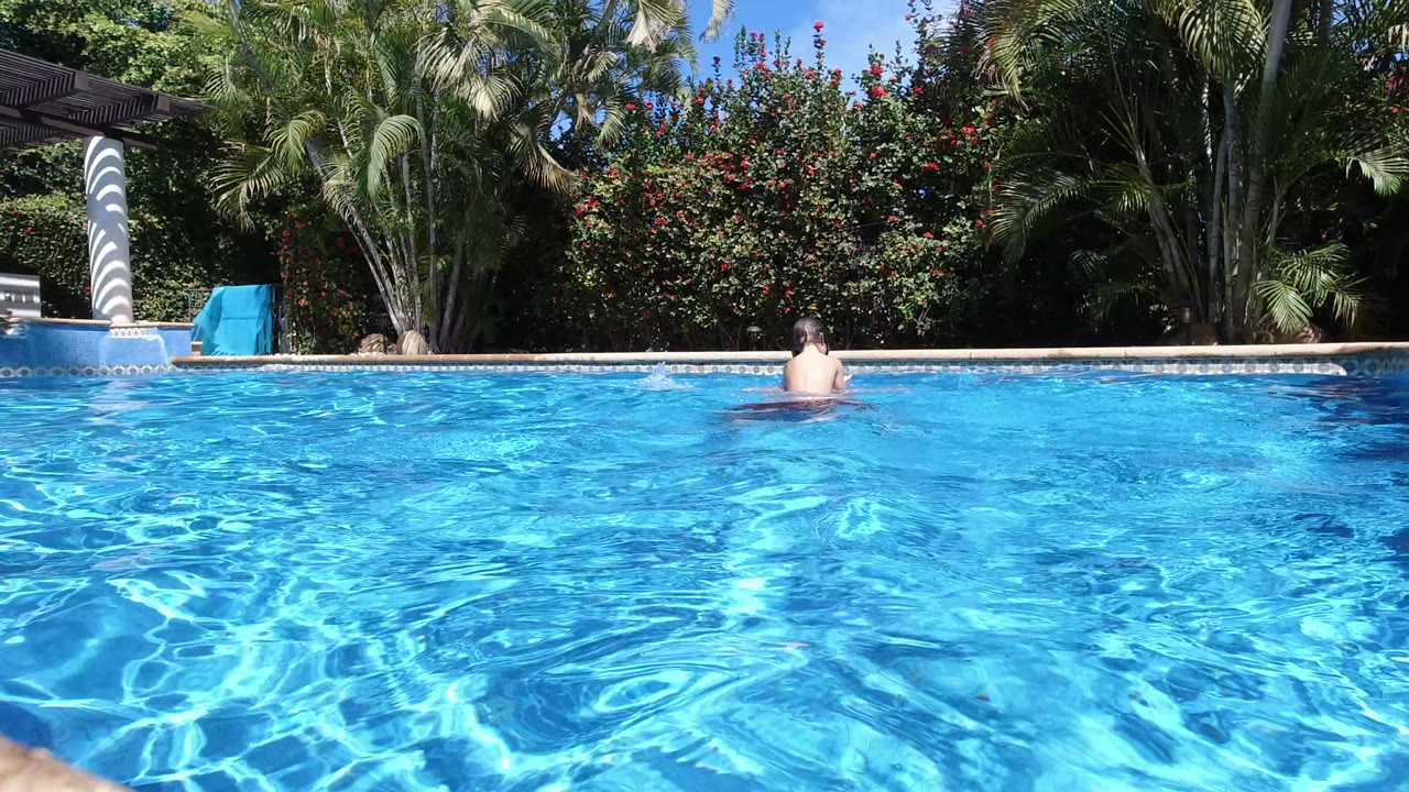 One second into the Los Cabos pool clip, a person is upright near the far side of the water with palm fronds, dense greenery, and a blue towel in the background.