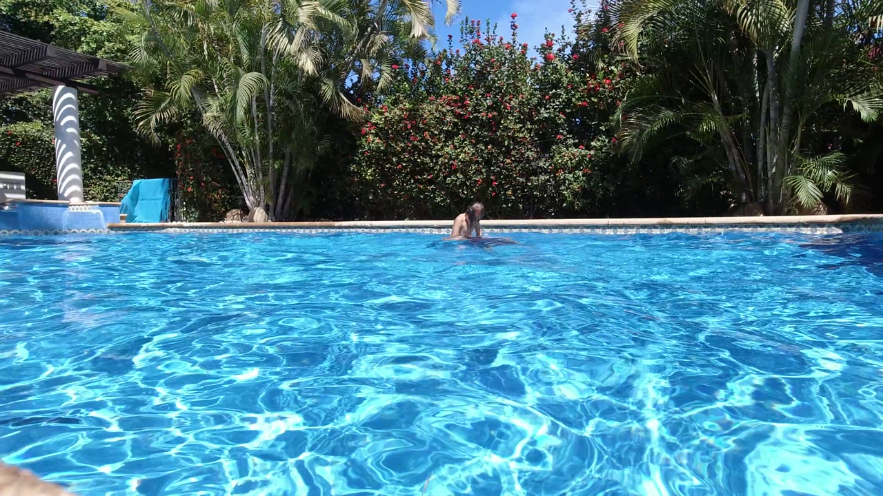 At the start of the Los Cabos clip, bright blue pool water fills the foreground while a partly visible swimmer is near the far edge beneath palms and flowering shrubs.