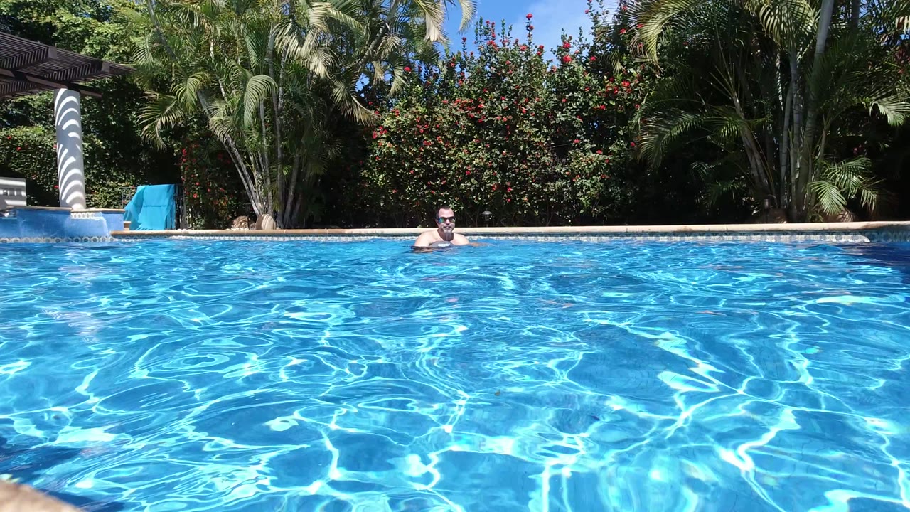 The swimmer faces the camera from the far side of the Los Cabos pool, with rippled blue water dominating the foreground and dense tropical plants in back.