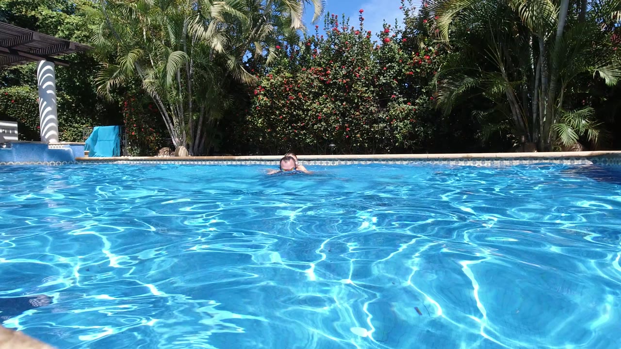 A swimmer is partly visible near the far edge of a sunlit blue pool in Los Cabos, Mexico, with palms, shrubs, and poolside columns in the background.