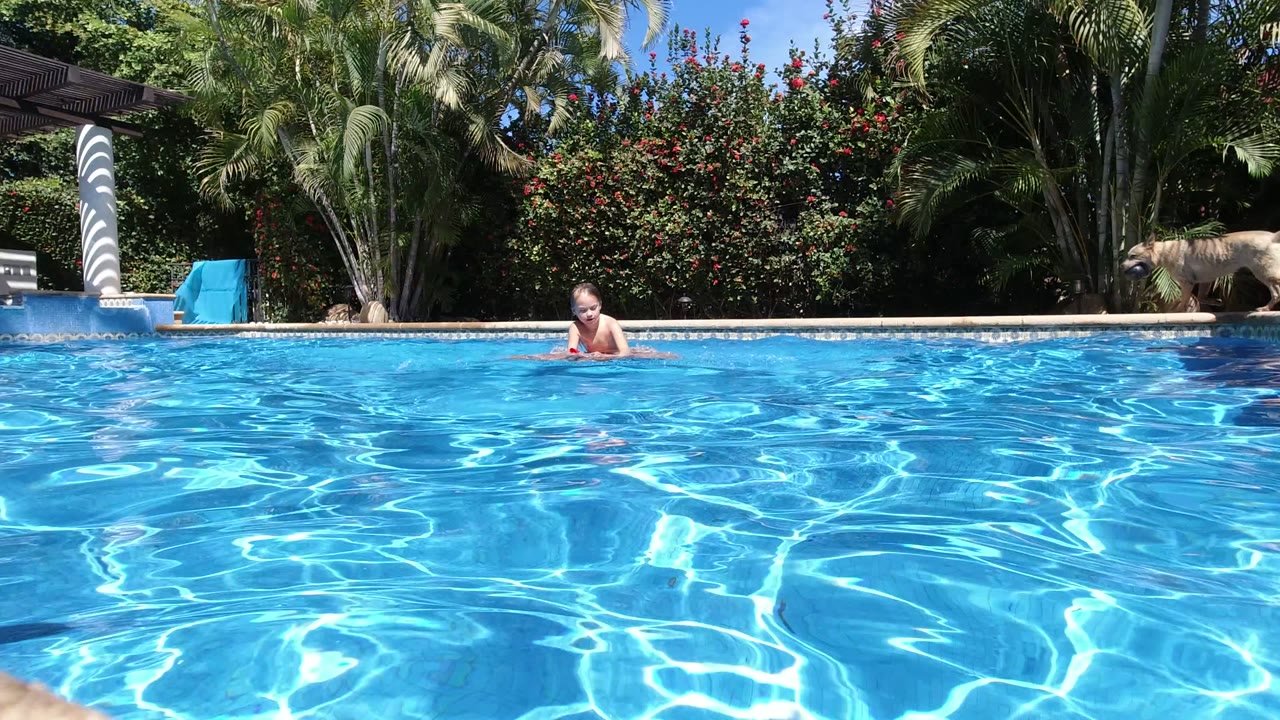 The swimmer faces toward the camera from the far side of the Los Cabos pool while bright ripples fill most of the frame and tropical plants line the back edge.