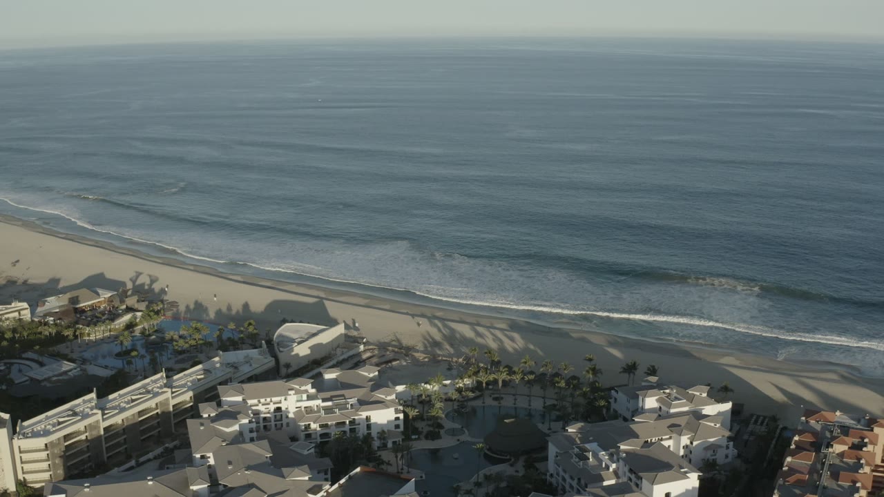 High aerial view of ocean surf, sandy beach, palms, and beachfront buildings.