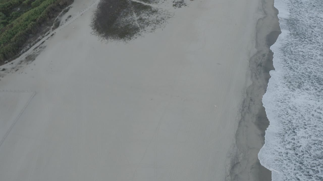 Empty sandy beach beside foamy waves