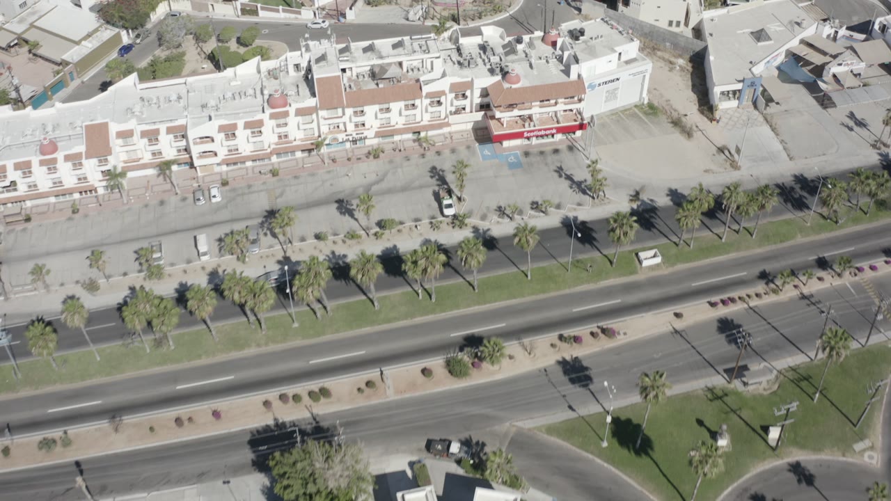 Aerial frame in San Jose del Cabo, Mexico, with apartment-style facades across the upper frame, palm shadows on grass, and a broad road running across the lower frame.