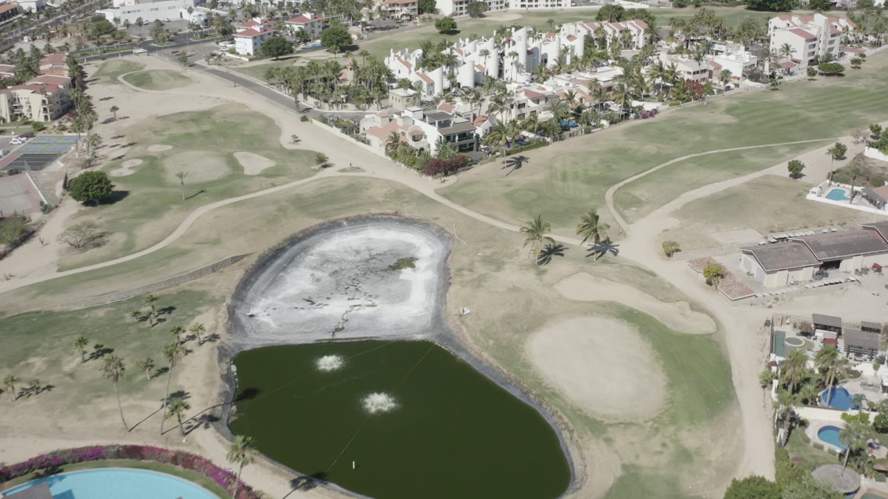 Drone-height view in San Jose del Cabo showing the pond lower in frame, a rounded sand trap to the right, curving cart paths, palms, resort buildings, and no visible people.