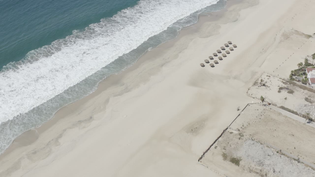 Top-down shoreline with surf, sand, and beach shade cluster.