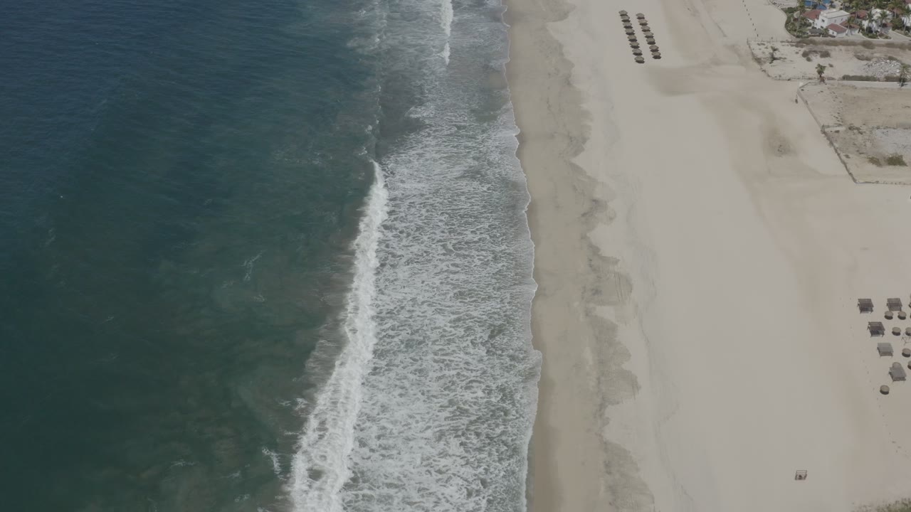 Top-down beach shoreline with foam and umbrella clusters