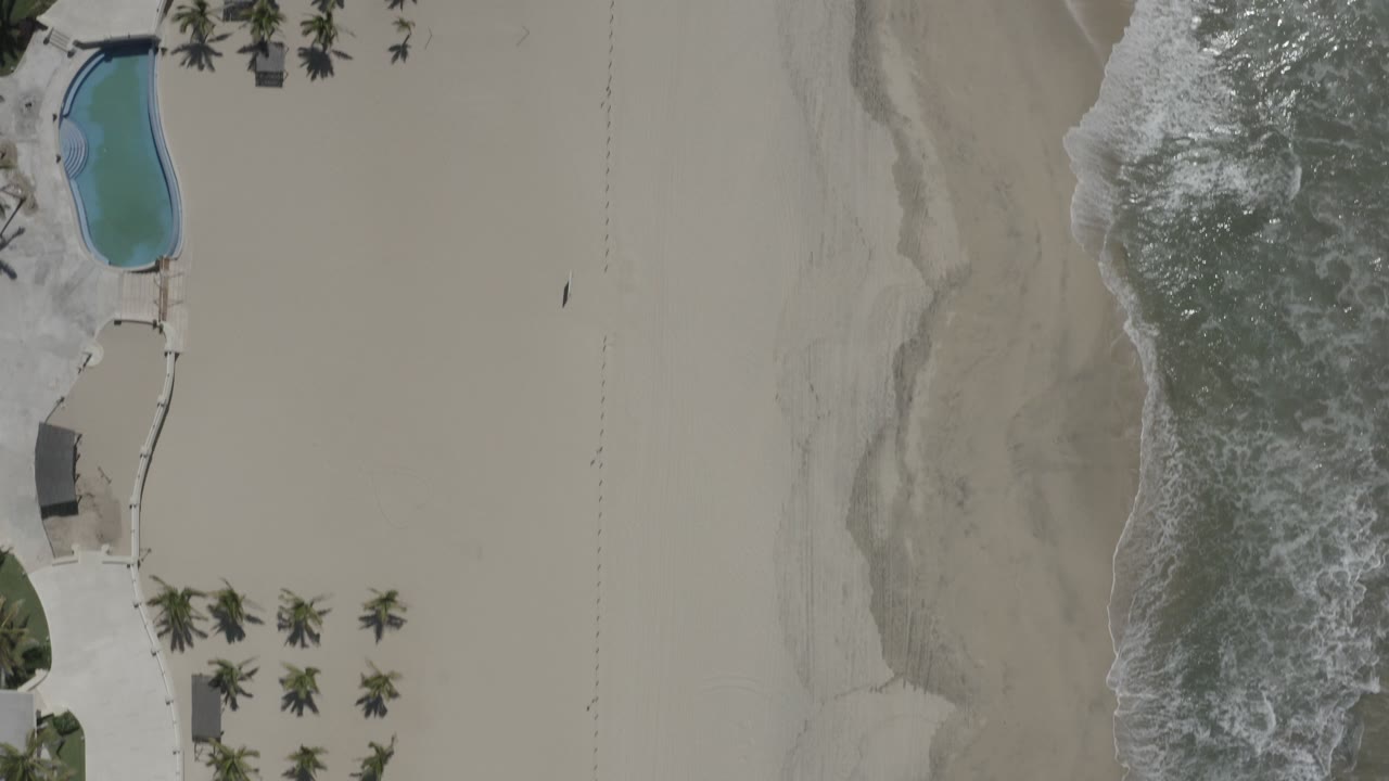 Top-down empty beach with surf and resort landscaping