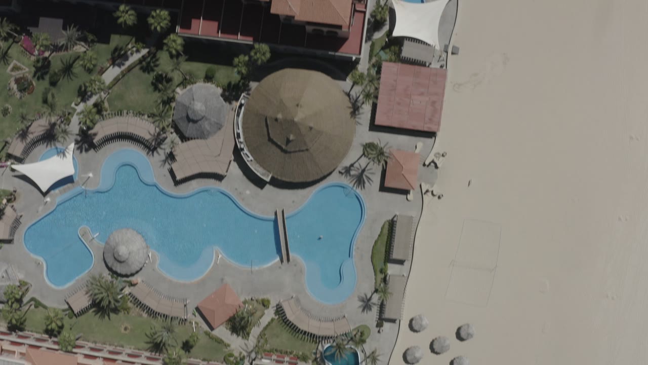 High overhead frame in San Jose del Cabo, Mexico with the blue pool centered below landscaped palms, red roof sections along the top edge, and broad beach sand to the right with no visible people.