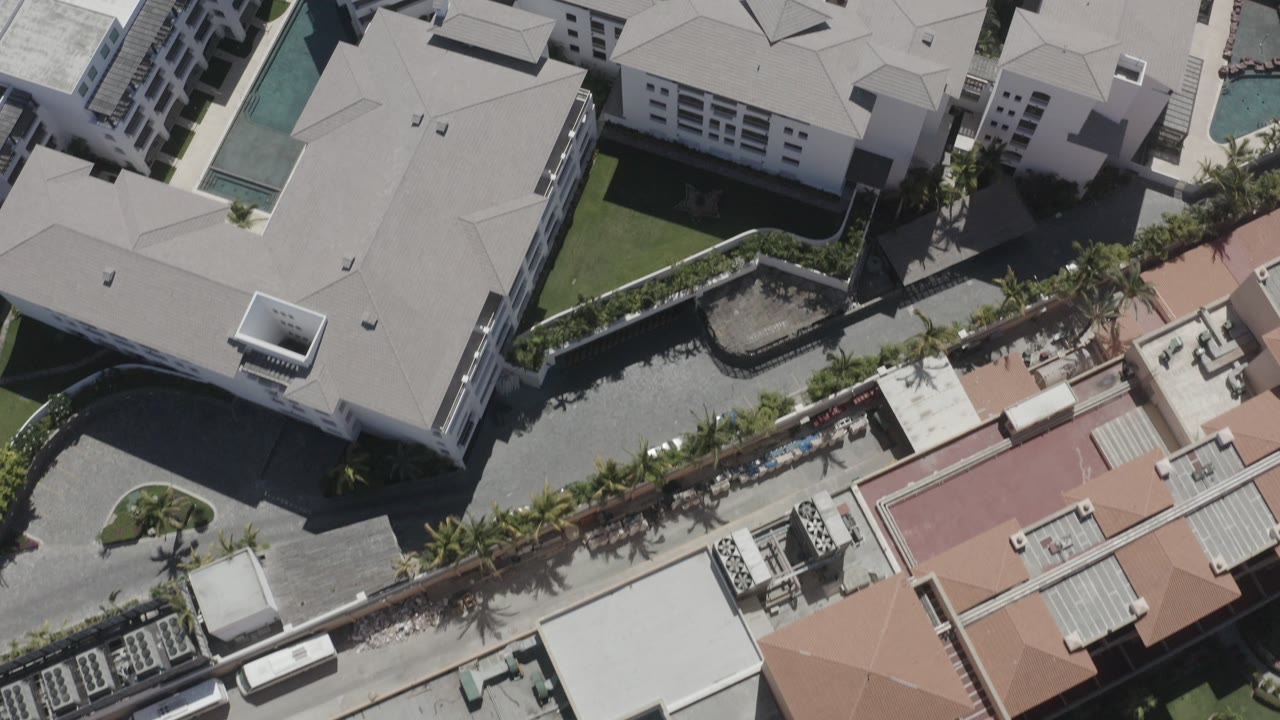 Aerial view of public-looking buildings, courtyards, rooftops, and palm landscaping.