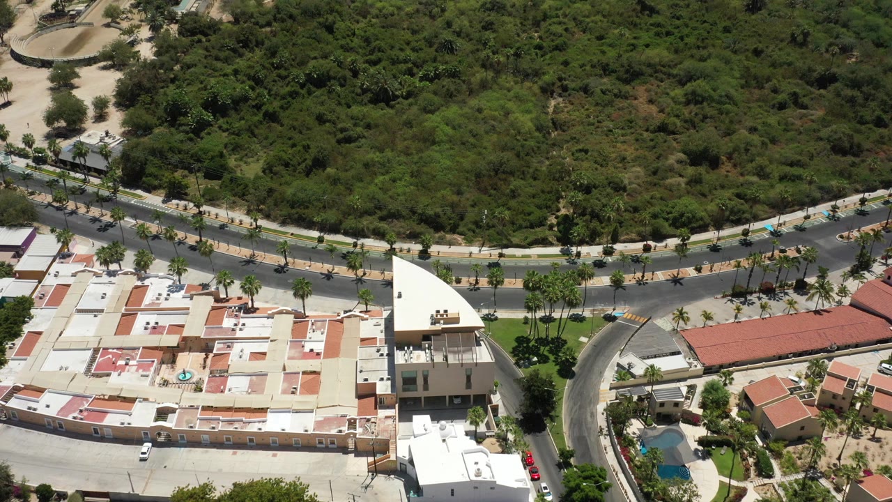 Overhead view of buildings and roadway bordered by dense green vegetation.
